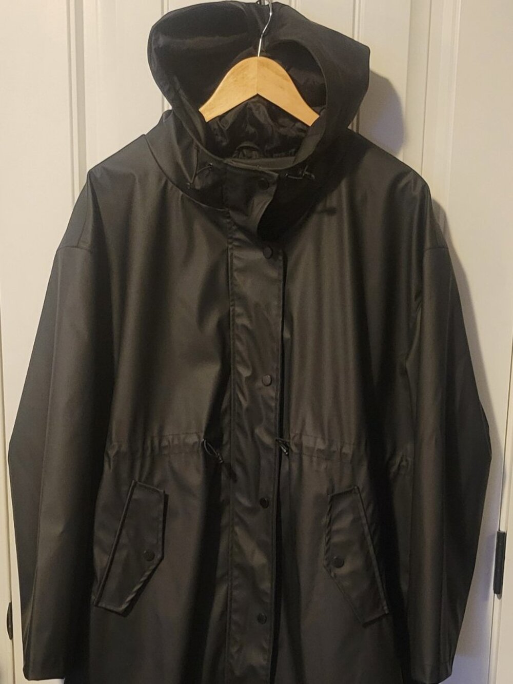 Rebecca Minkoff Black Hooded Snap Front Pocket Mid Rain Coat Womens XL NWT